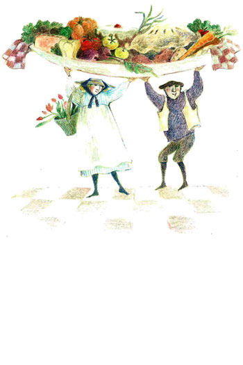 Illustration of Rick & Ann holding up a fruit basket