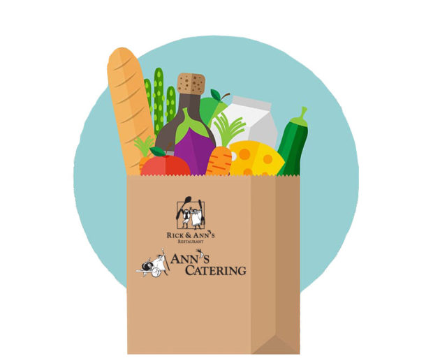 Grocery bag with Rick & Ann's and Ann's Catering logos on it